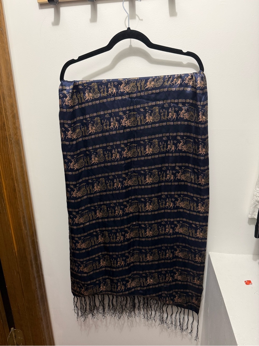 Navy & Rose Gold Patterned Fringe Silk Scarf